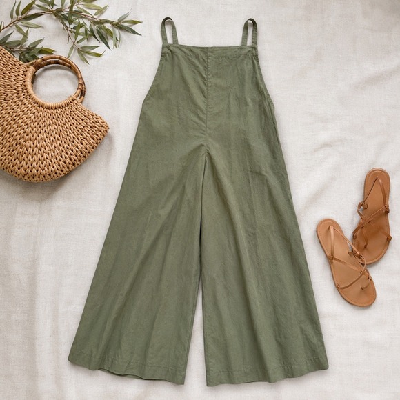 Uniqlo Pants - Uniqlo Linen Blend Jumpsuit Womens L Olive Green Wide Leg Minimalist Summer Boho